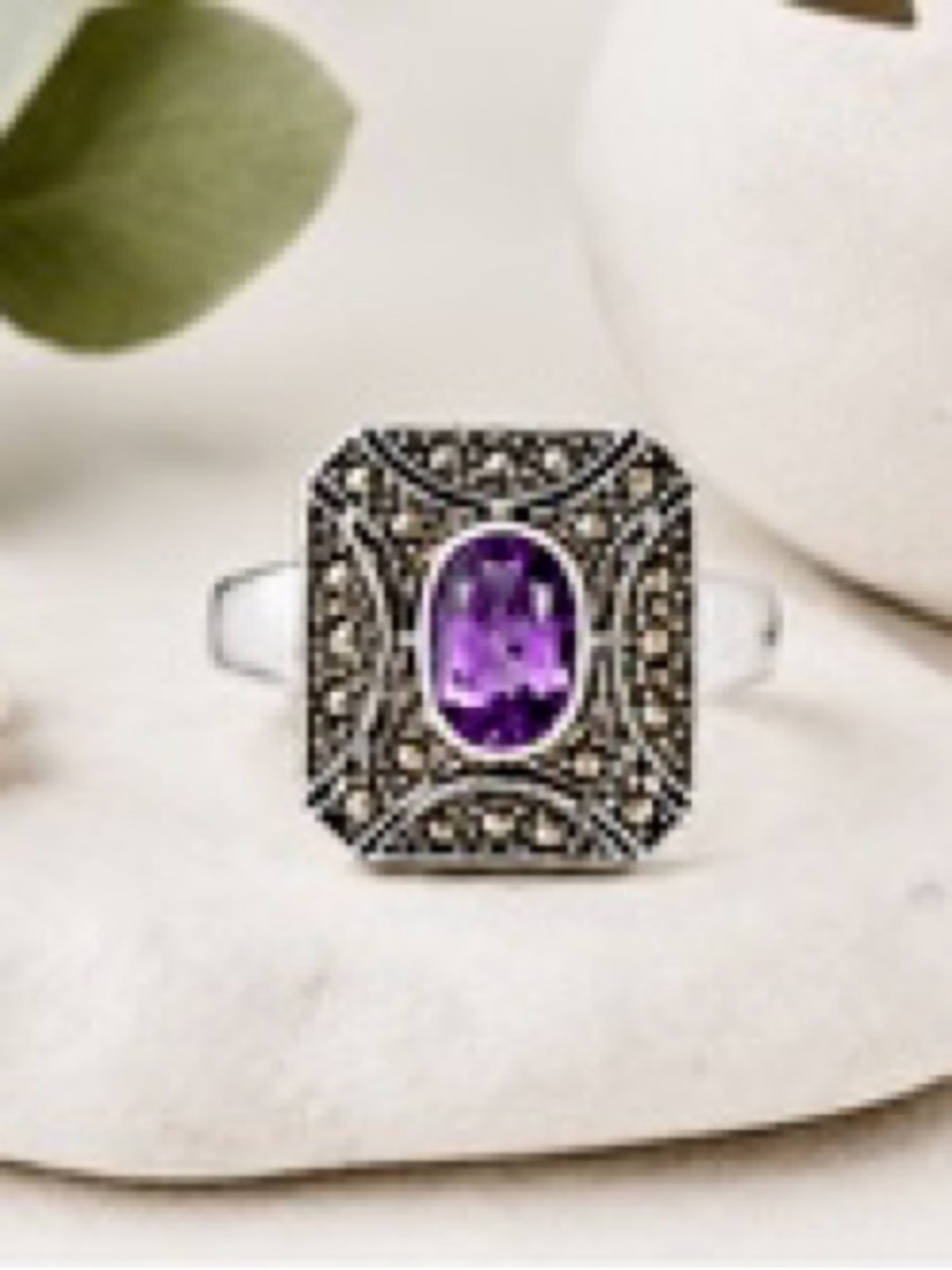 Vintage Marcasite & Purple Amethyst Ring, 925 Sterling Silver, Sz 5.5
